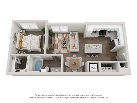 Floor plan for 1 bed, 1 bath, 663 sqft
